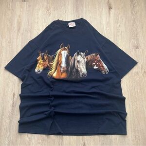 Vintage 90s Wild Gear Horse Graphic T Shirt Mens L Navy Nature Animal Retro Tee